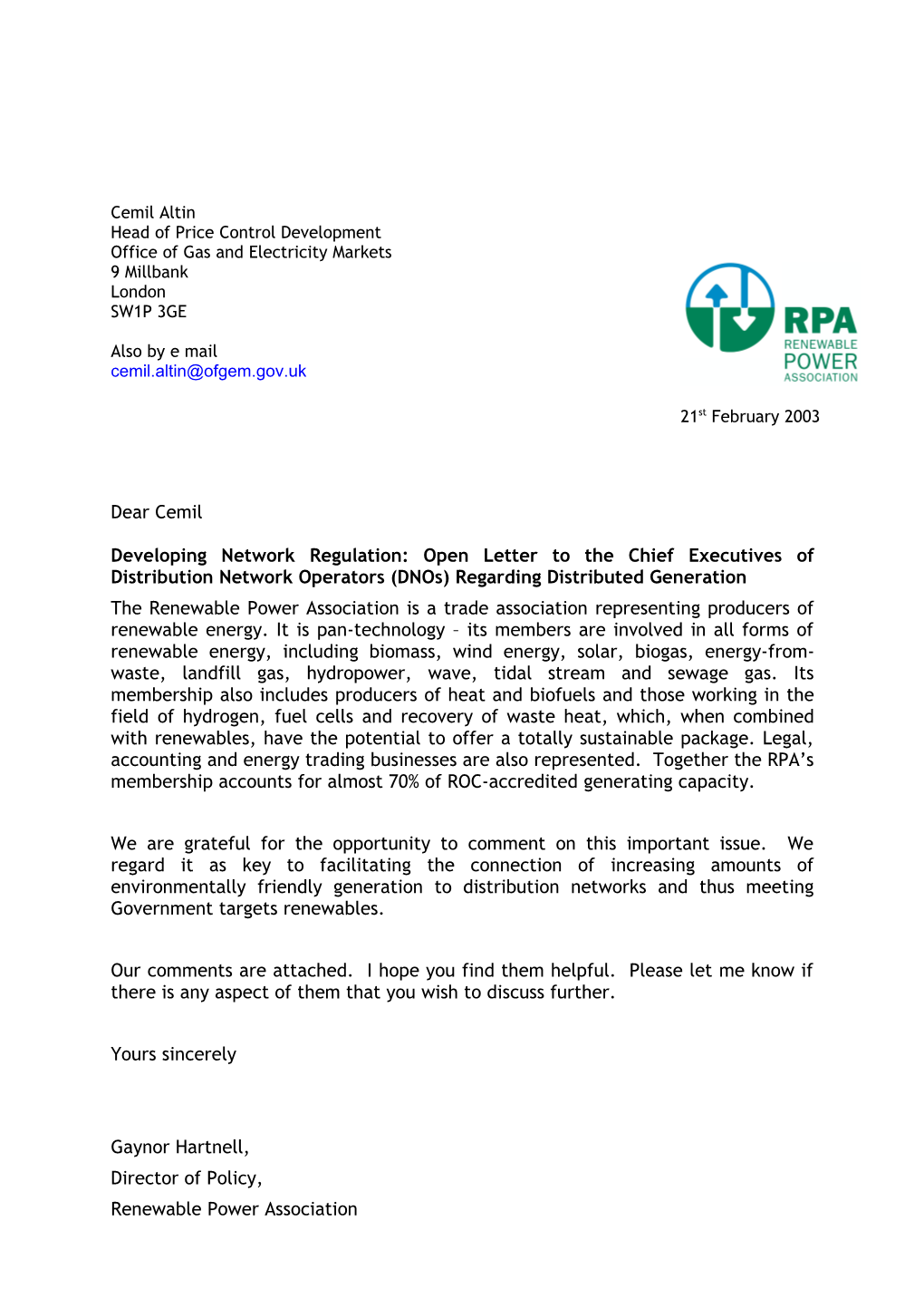 Renewable Power Association - Developing Network Regulation: Open Letter to the Chief Executives