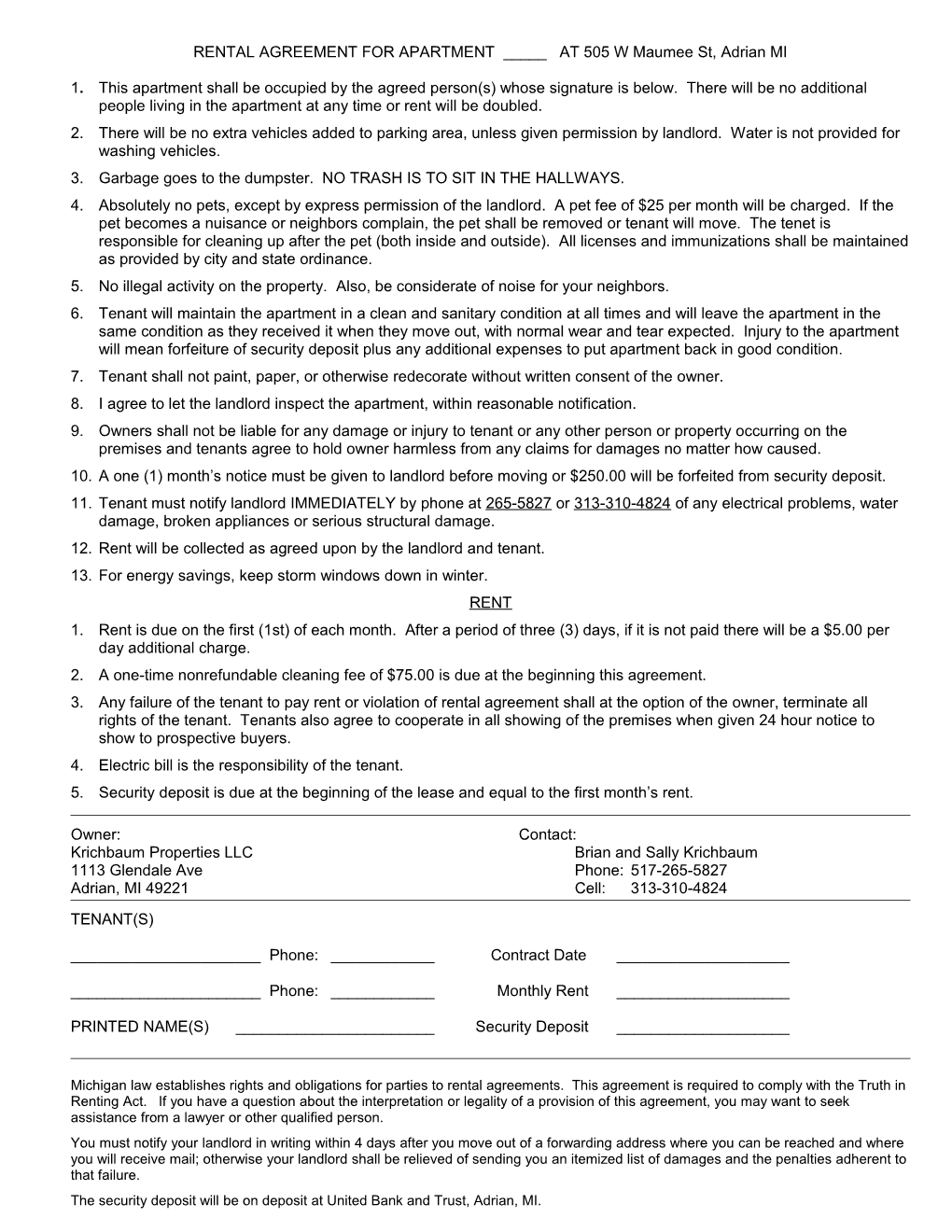 RENTAL AGREEMENT for APARTMENT _____ at 505 W Maumee St, Adrian MI