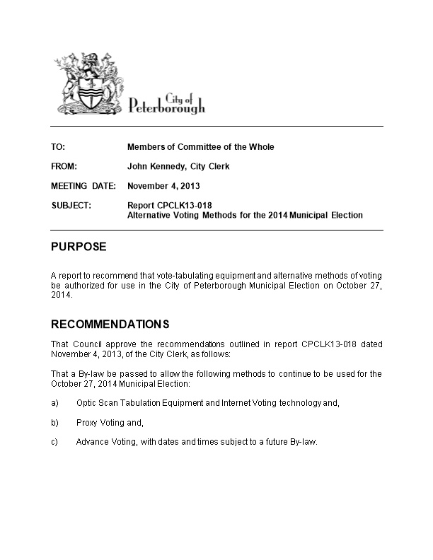 Report CPCLK13-018 2014 Municipal Election Voting Methods