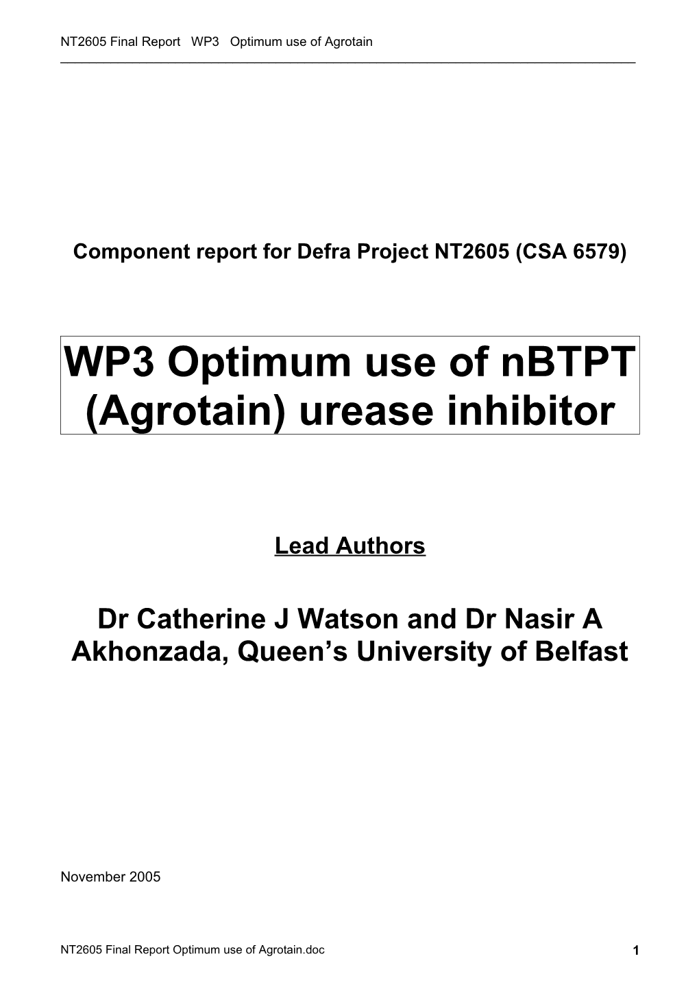 Report for Defra Project NT2601