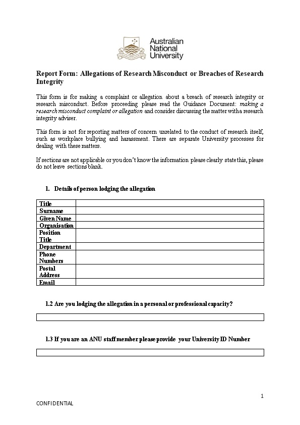 Report Form: Allegations of Research Misconduct Or Breaches of Research Integrity