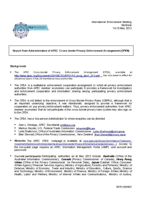 Report from Administrators of APEC Cross-Border Privacy Enforcement Arrangement (CPEA)