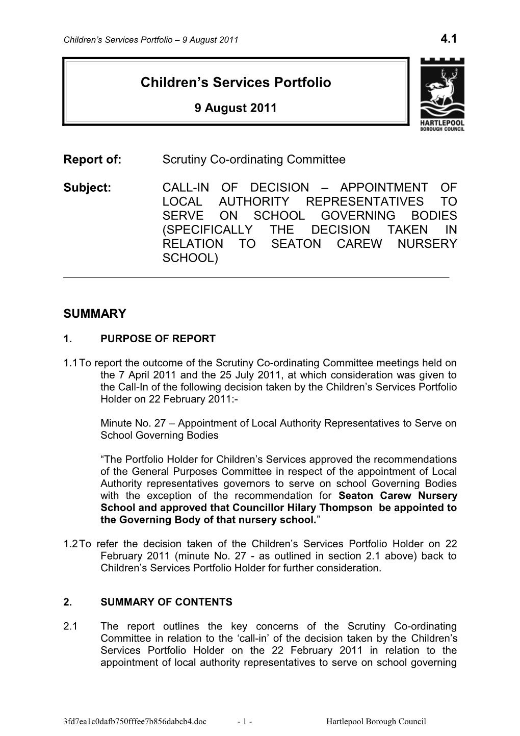 Report Of:Scrutiny Co-Ordinating Committee