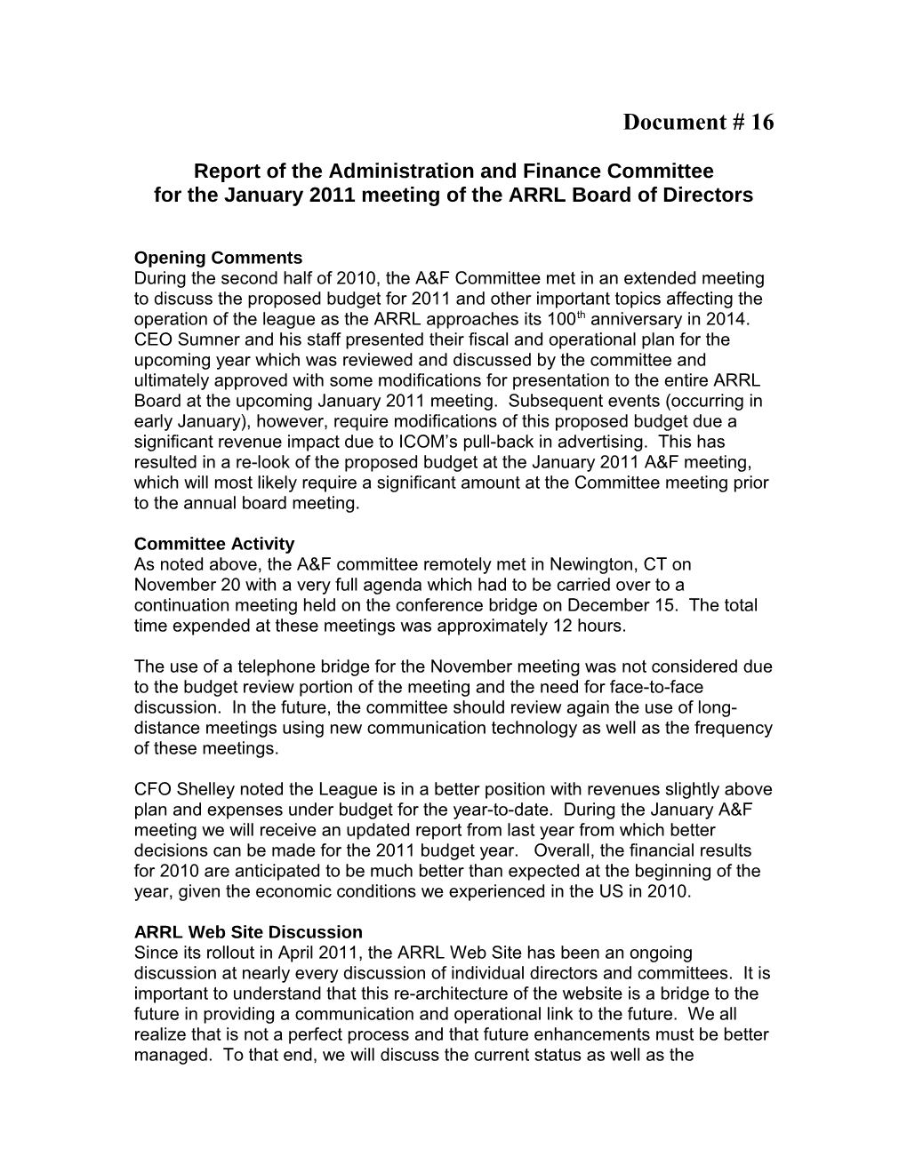 Report of the Administration and Finance Committee