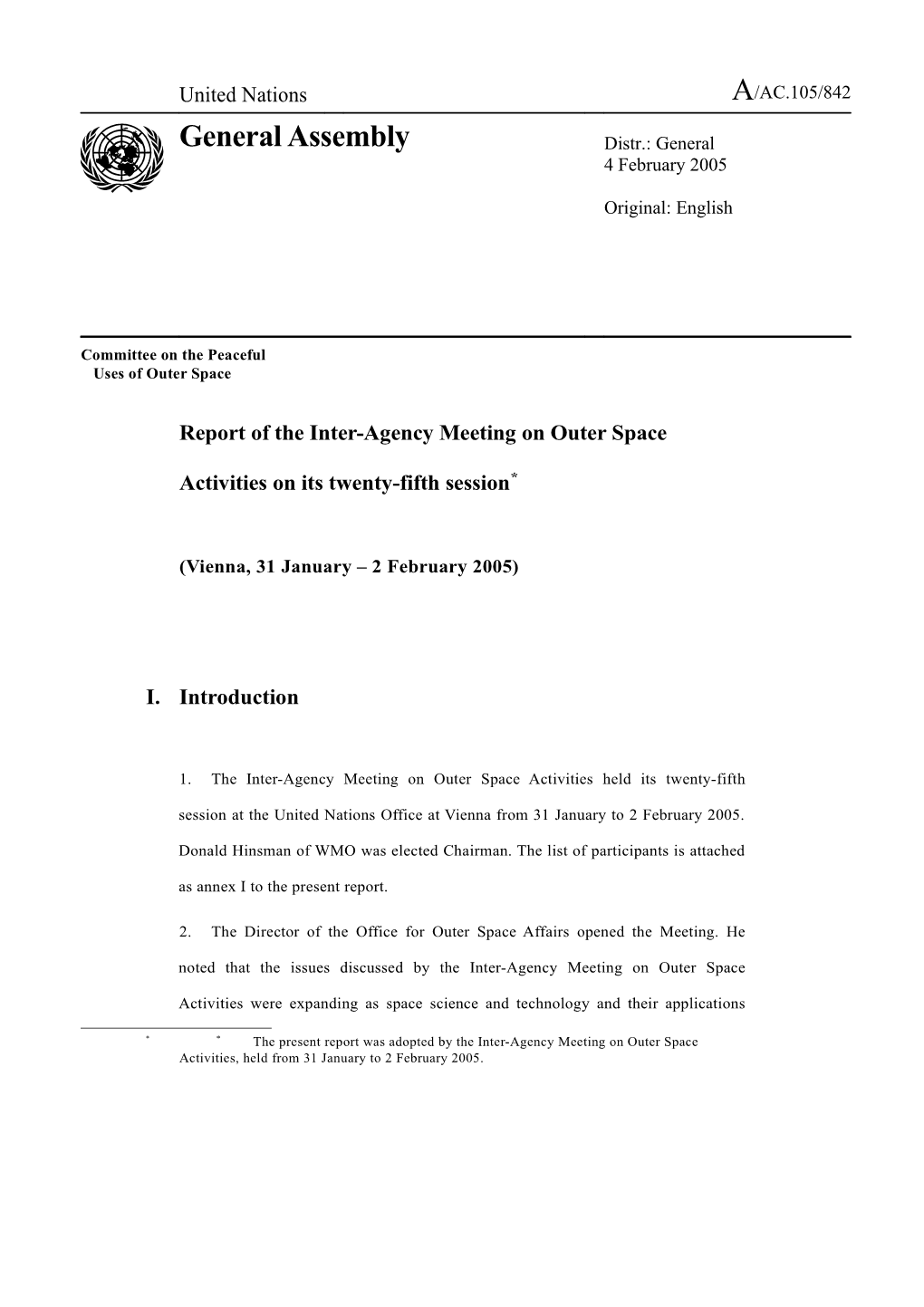 Report of the Inter-Agency Meeting on Outer Space Activities on Its Twenty-Fifth Session *