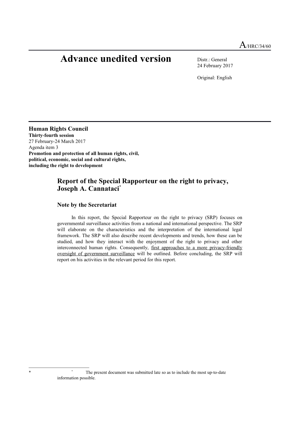 Report of the Special Rapporteur on the Right to Privacy in English