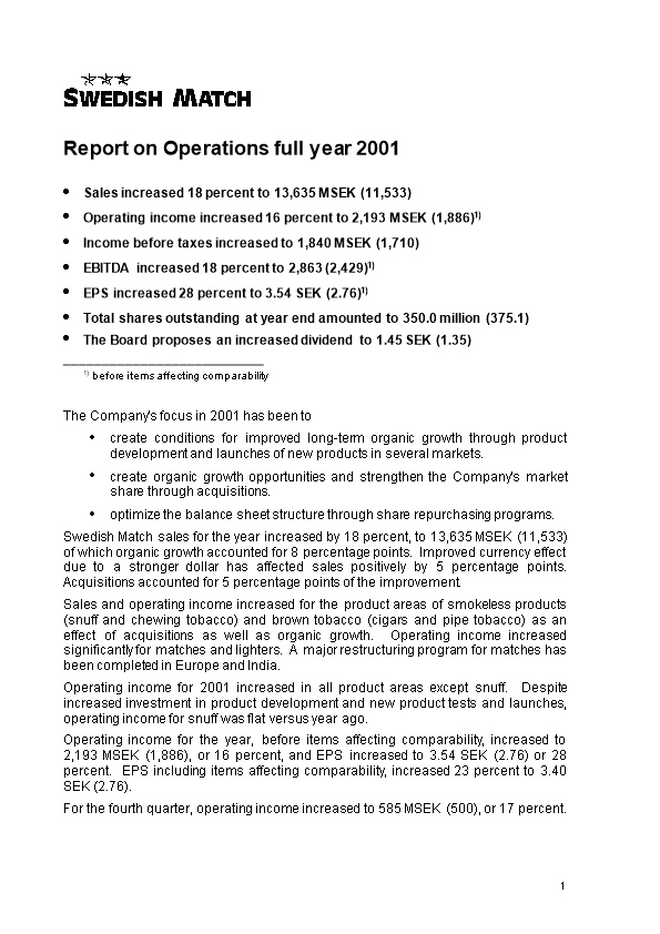 Report on Operations Full Year 2001