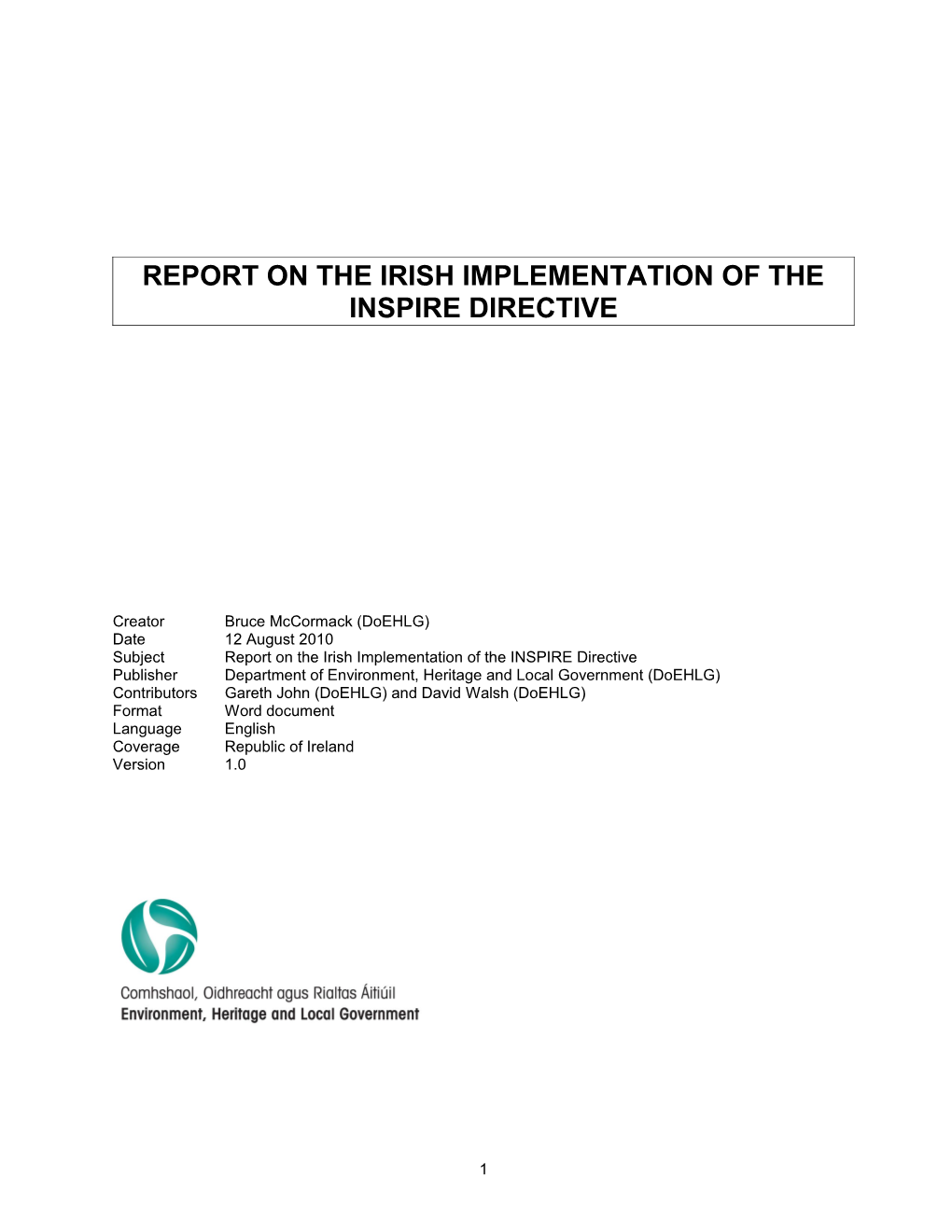 Report on the Irish Implementation of the Inspire Directive