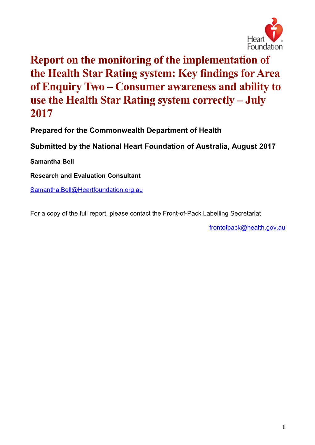 Report on the Monitoring of the Implementation of the Health Star Rating System: Key Findings