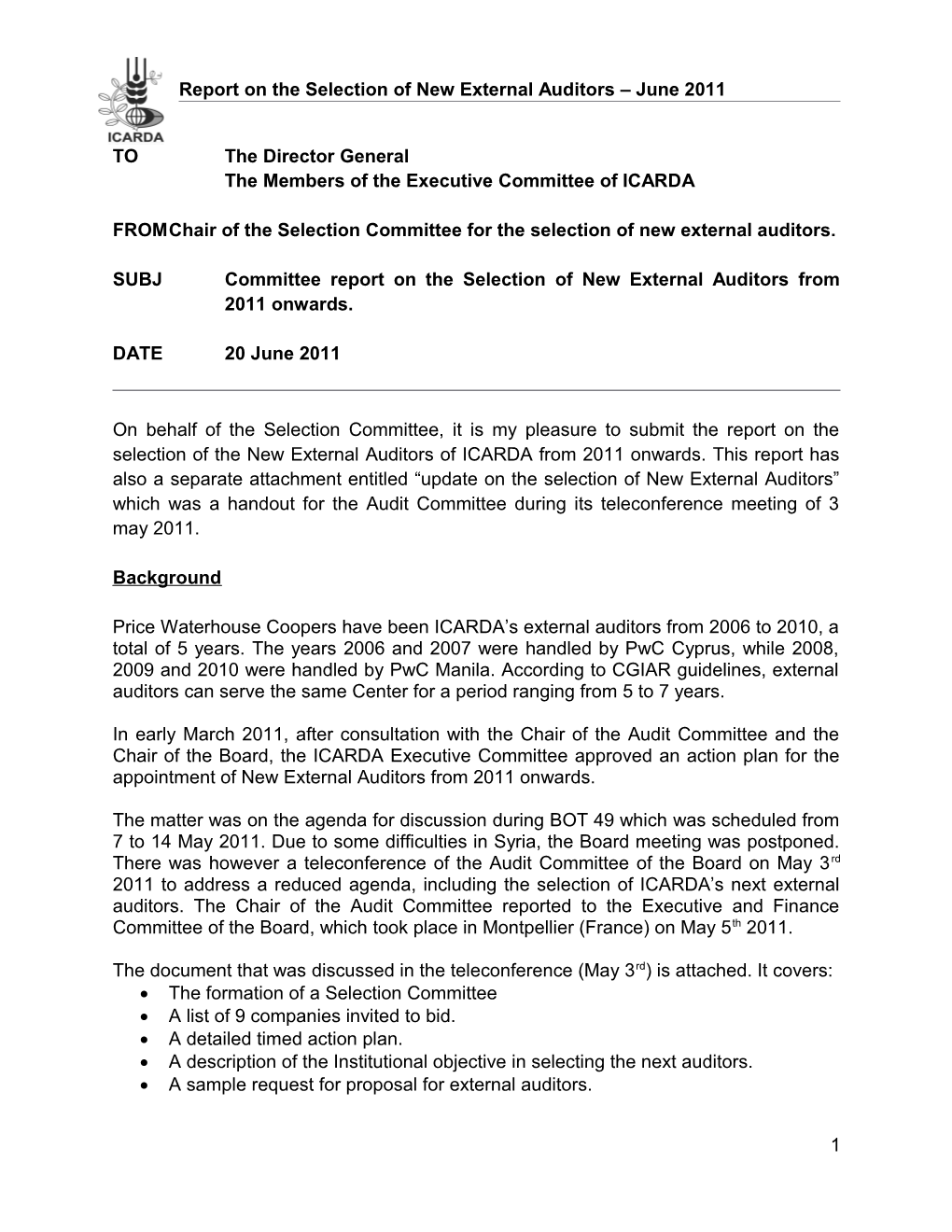 Report on the Selection of New External Auditors June 2011