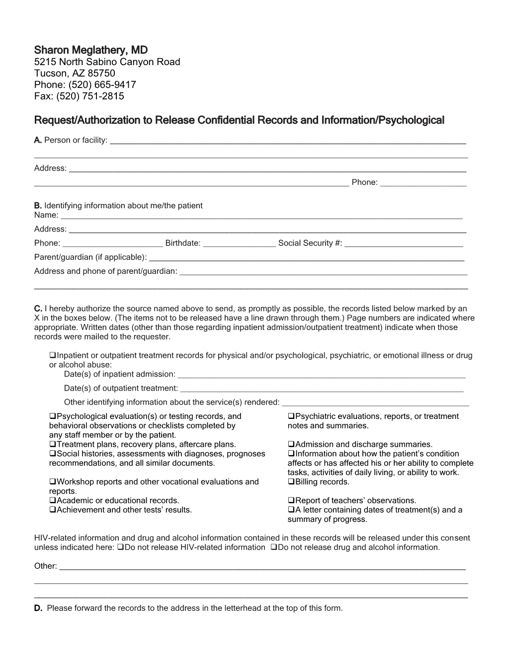 Request/Authorization to Release Confidential Records and Information/Psychological