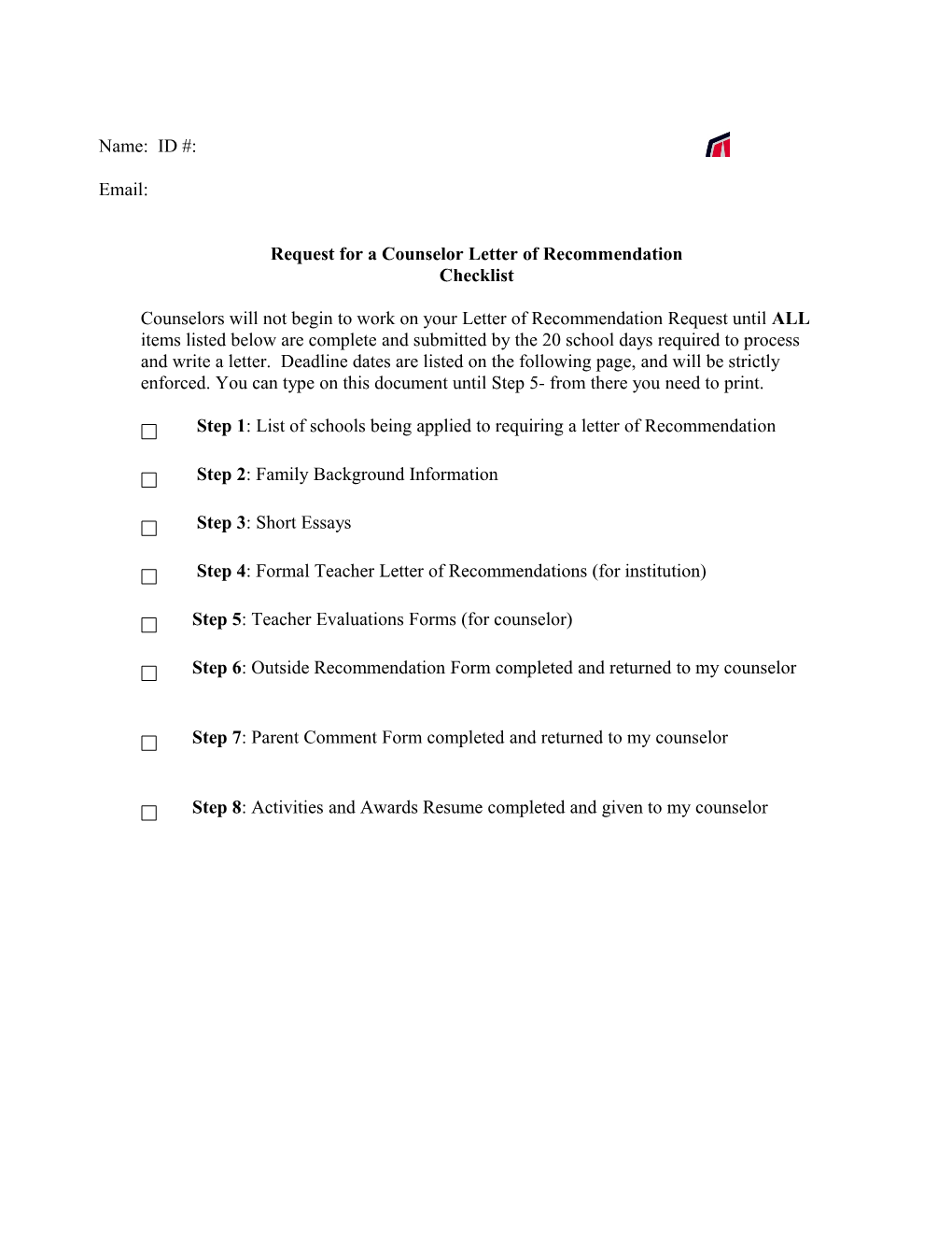 Request for a Counselor Letter of Recommendation