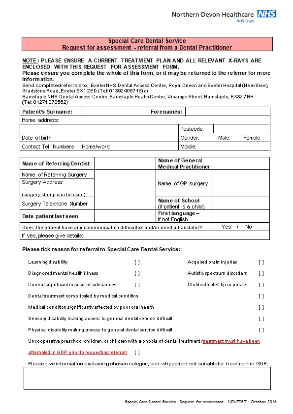 Request for Assessment - Referral from a Dental Practitioner