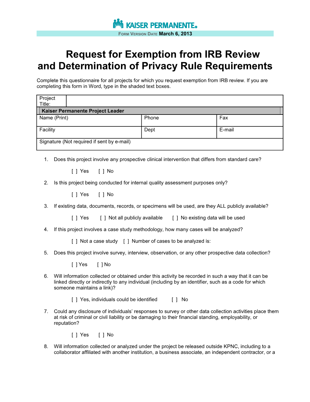 Request for Exemption from IRB Review