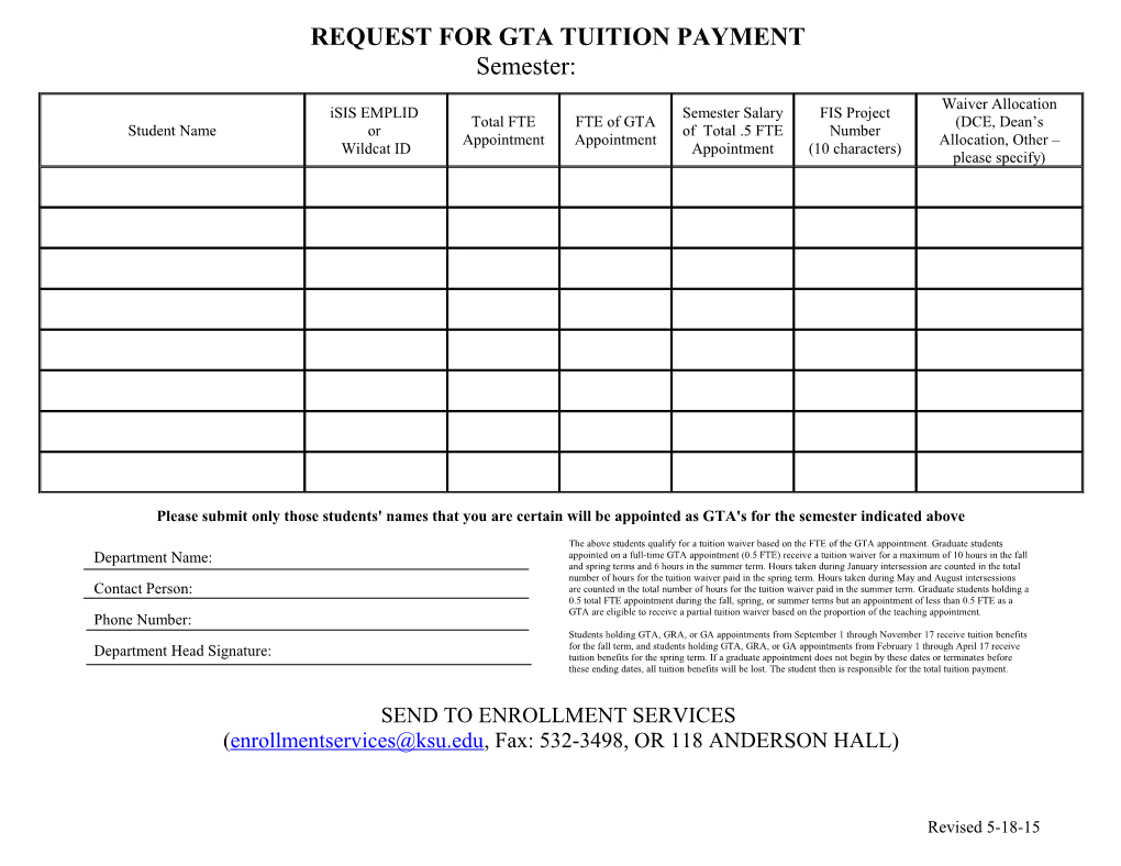 Request for Gta Tuition Payment for Fall, 2005