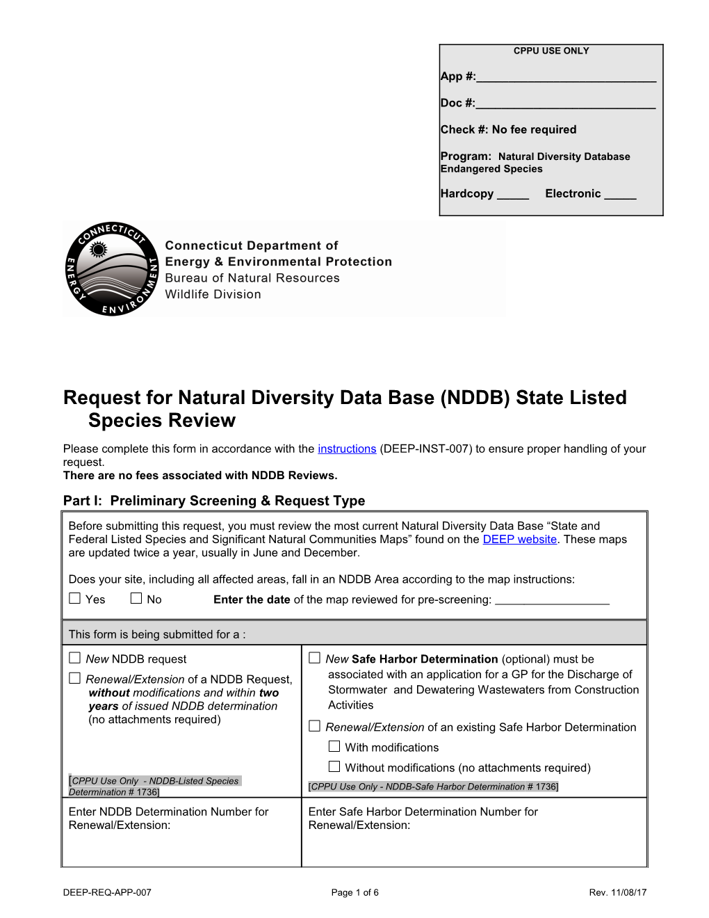 Request for Natural Diversity Data Base (NDDB) State Listed Species Review