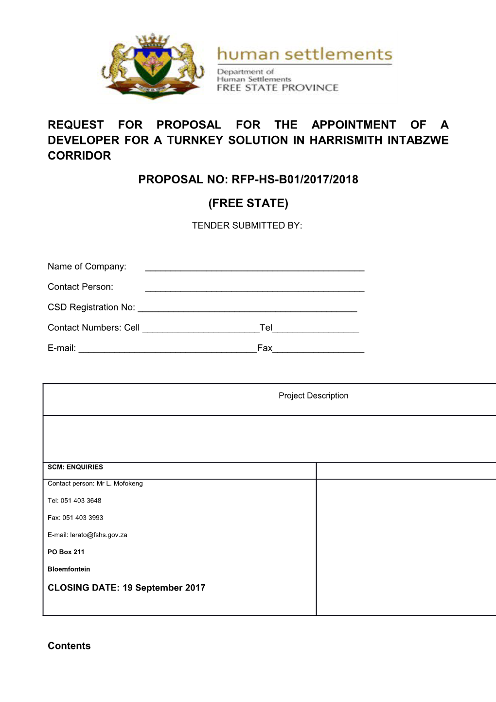 Request for Proposal for the Appointment of a Developer for a Turnkey Solution in Harrismith