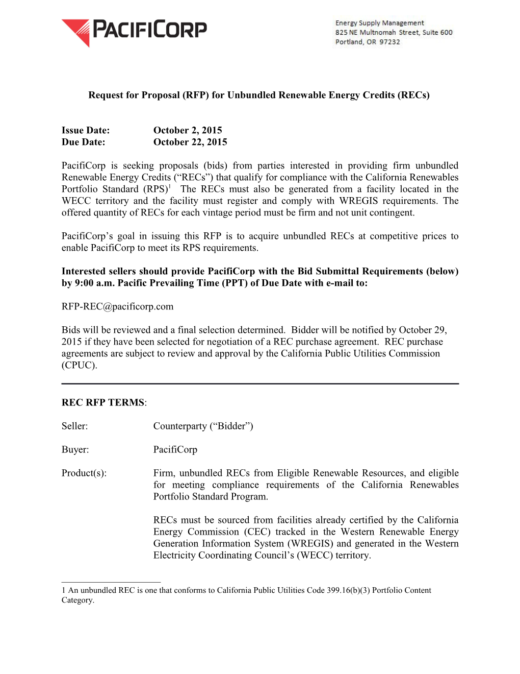 Request for Proposal (RFP) for Unbundled Renewable Energy Credits (Recs)