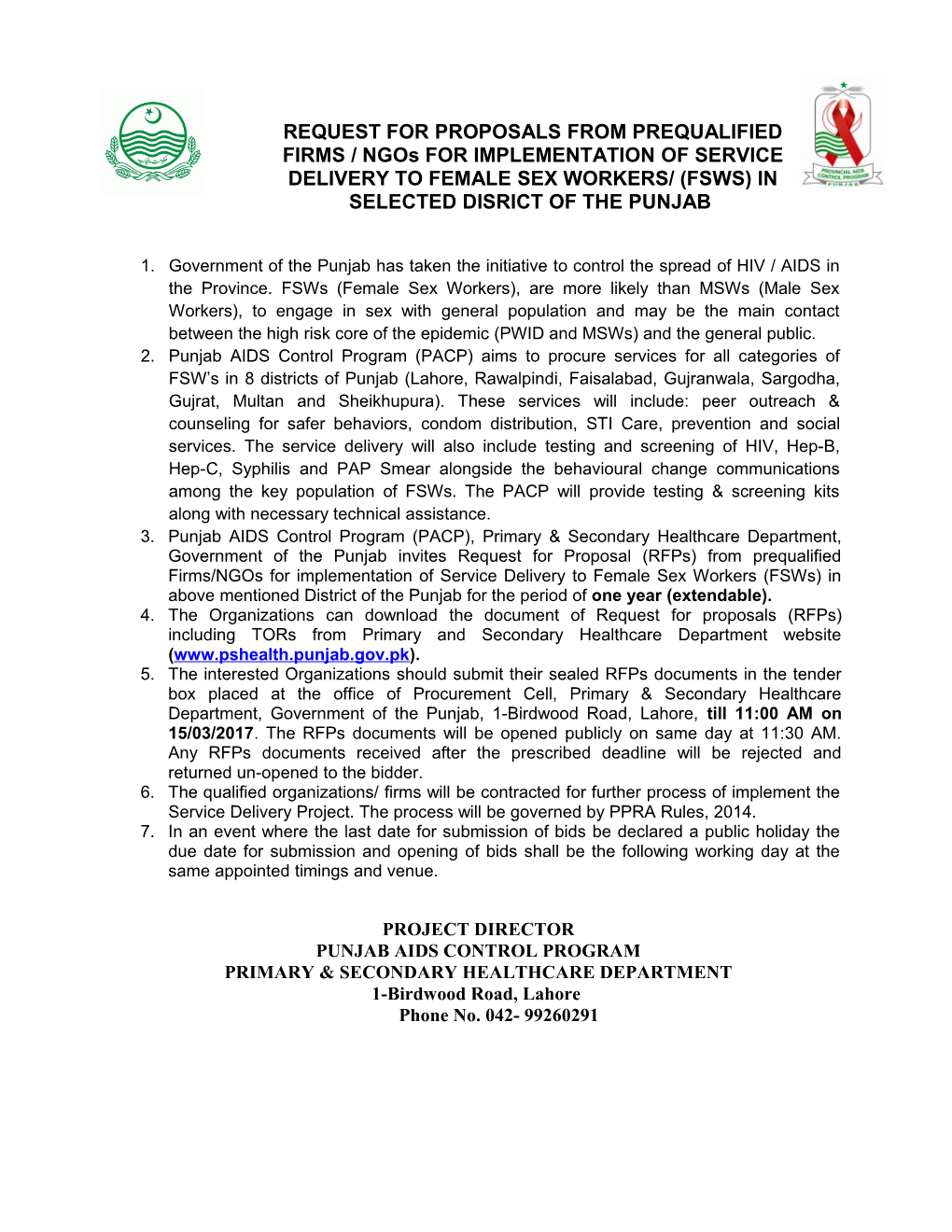 REQUEST for PROPOSALS from PREQUALIFIED FIRMS / Ngos for IMPLEMENTATION of SERVICE DELIVERY