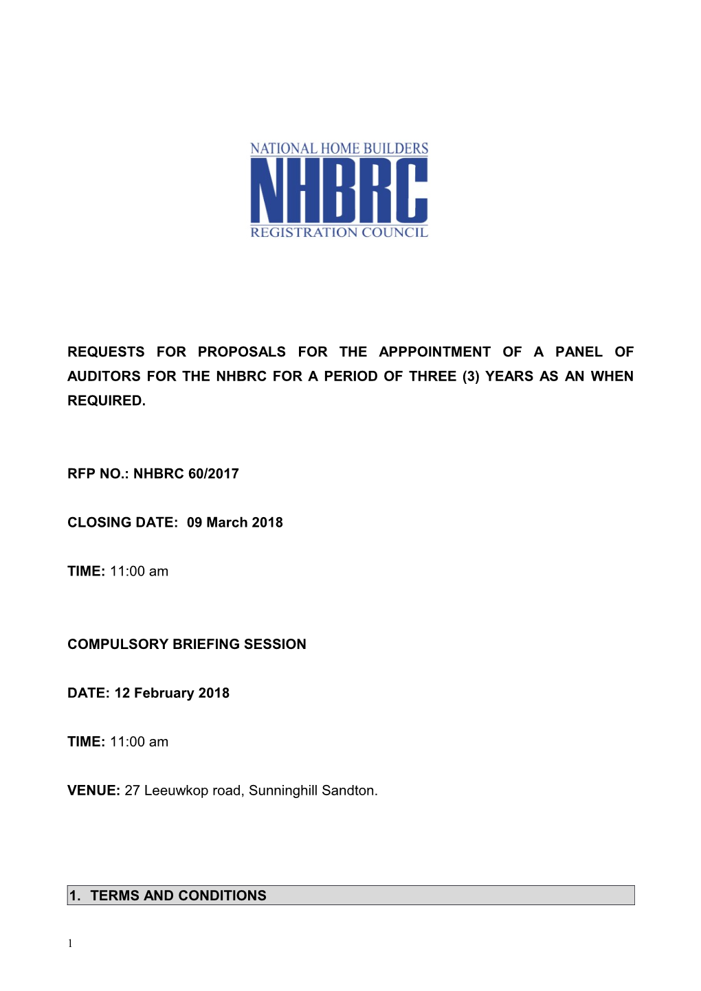 Requests for Proposals for the Apppointment of a Panel of Auditors for the Nhbrc for A