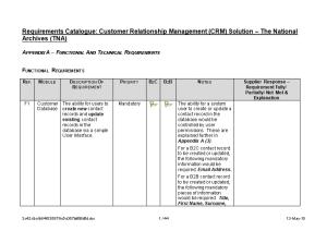 Requirements Catalogue: Customer Relationship Management (CRM) Solution the National Archives