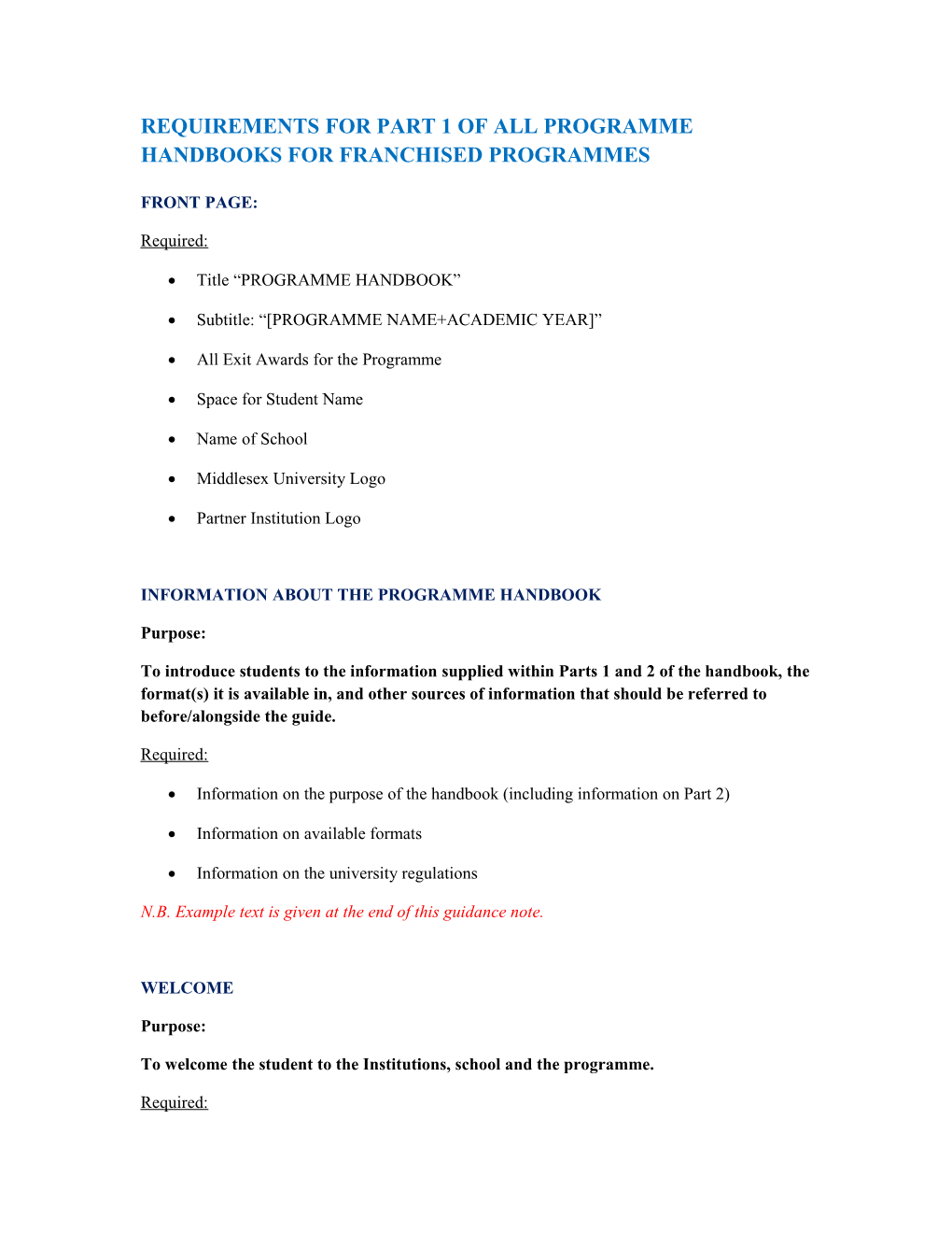 Requirements for Part 1 of All Programme Handbooks for Franchised Programmes Front Page