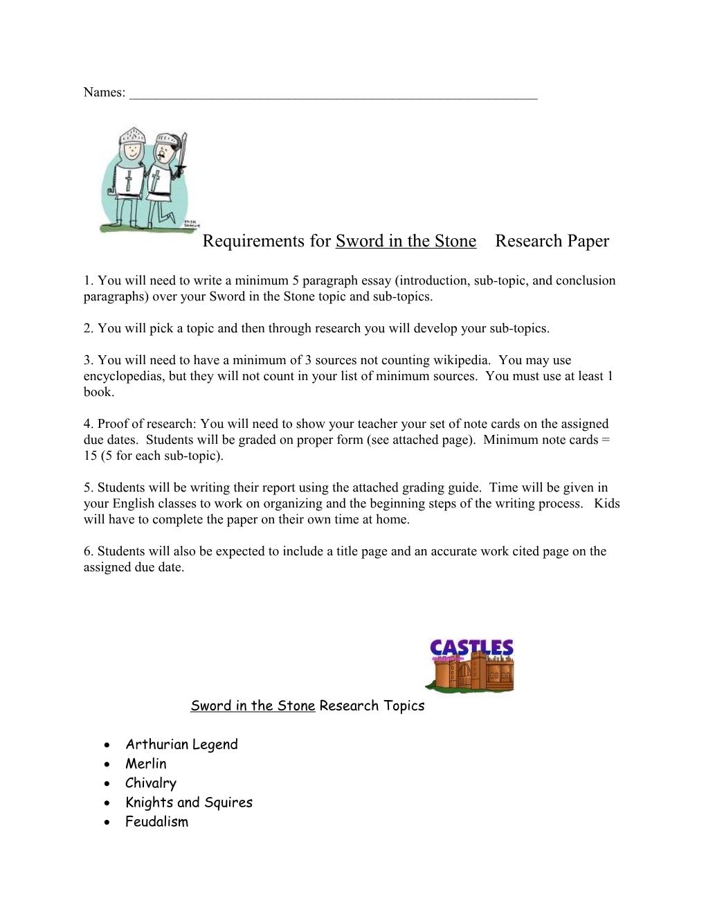 Requirements for Sword in the Stone Research Paper