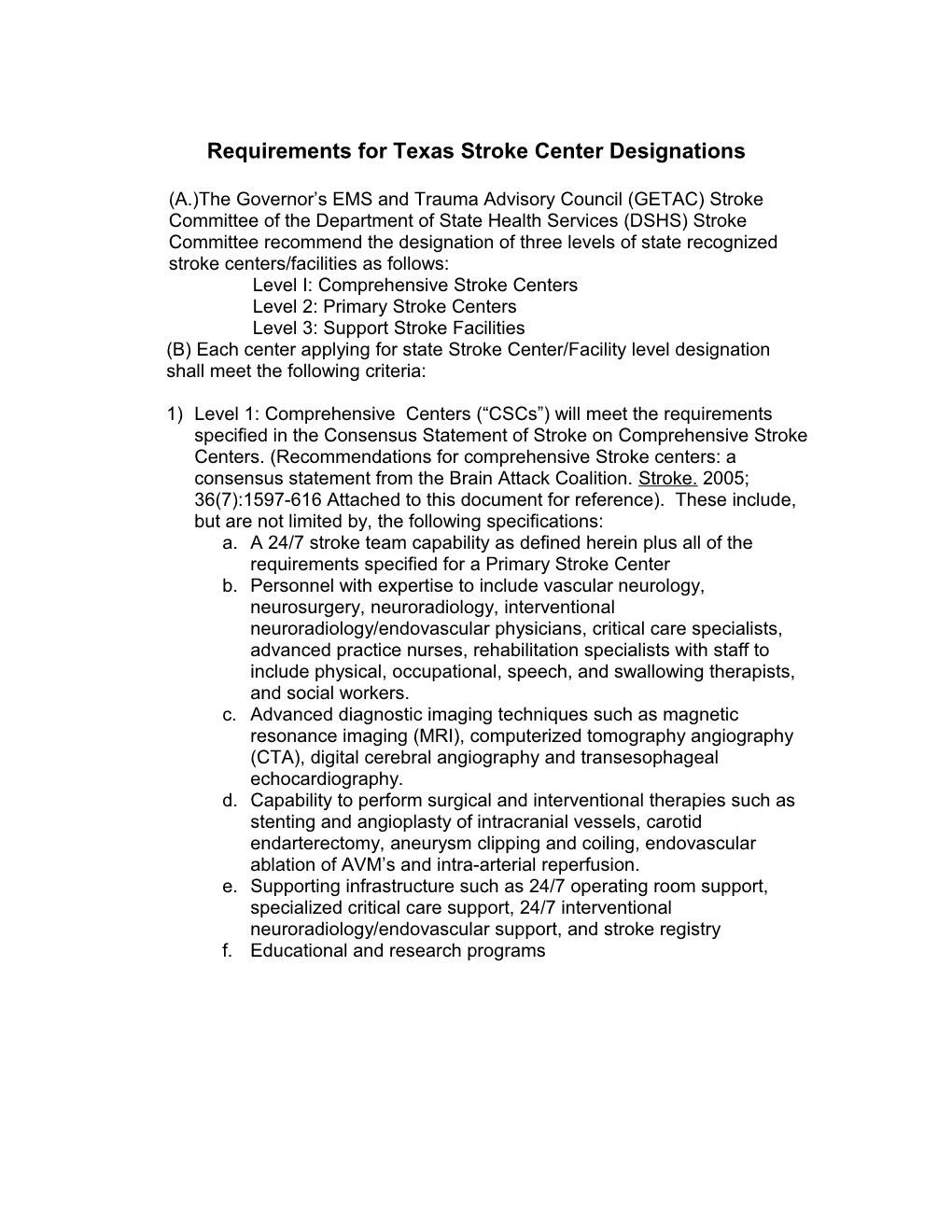 Requirements for Texas Stroke Center Designations