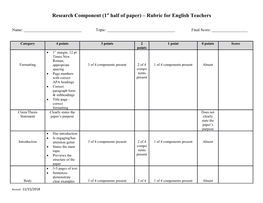Research Component(1St Half of Paper) Rubric for English Teachers