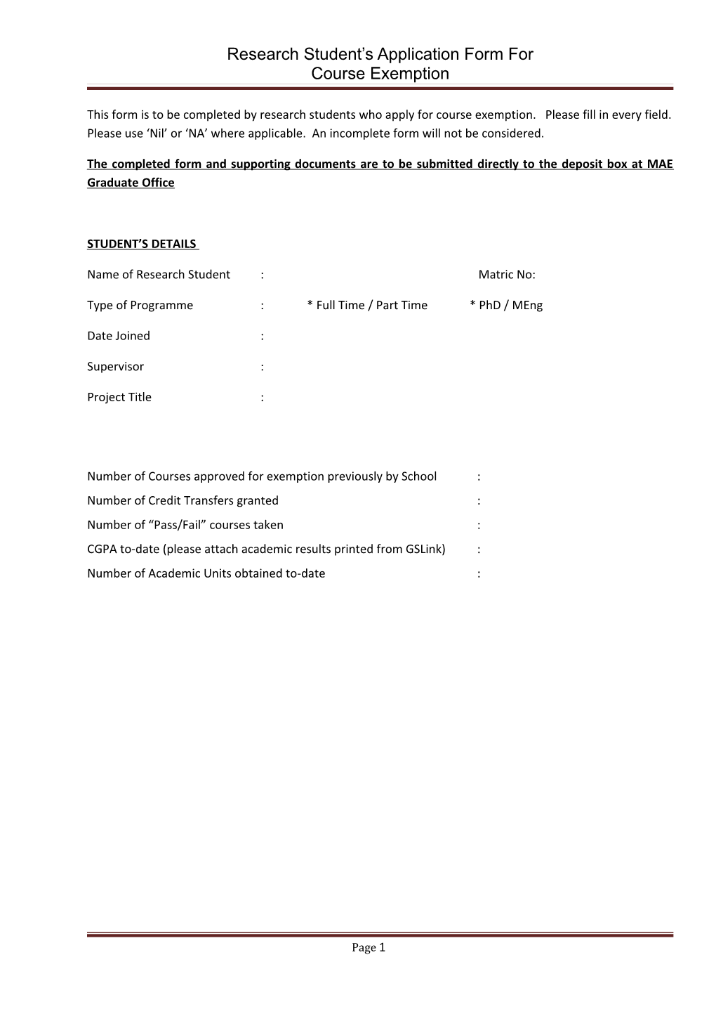 Research Student S Application Form for Course Exemption