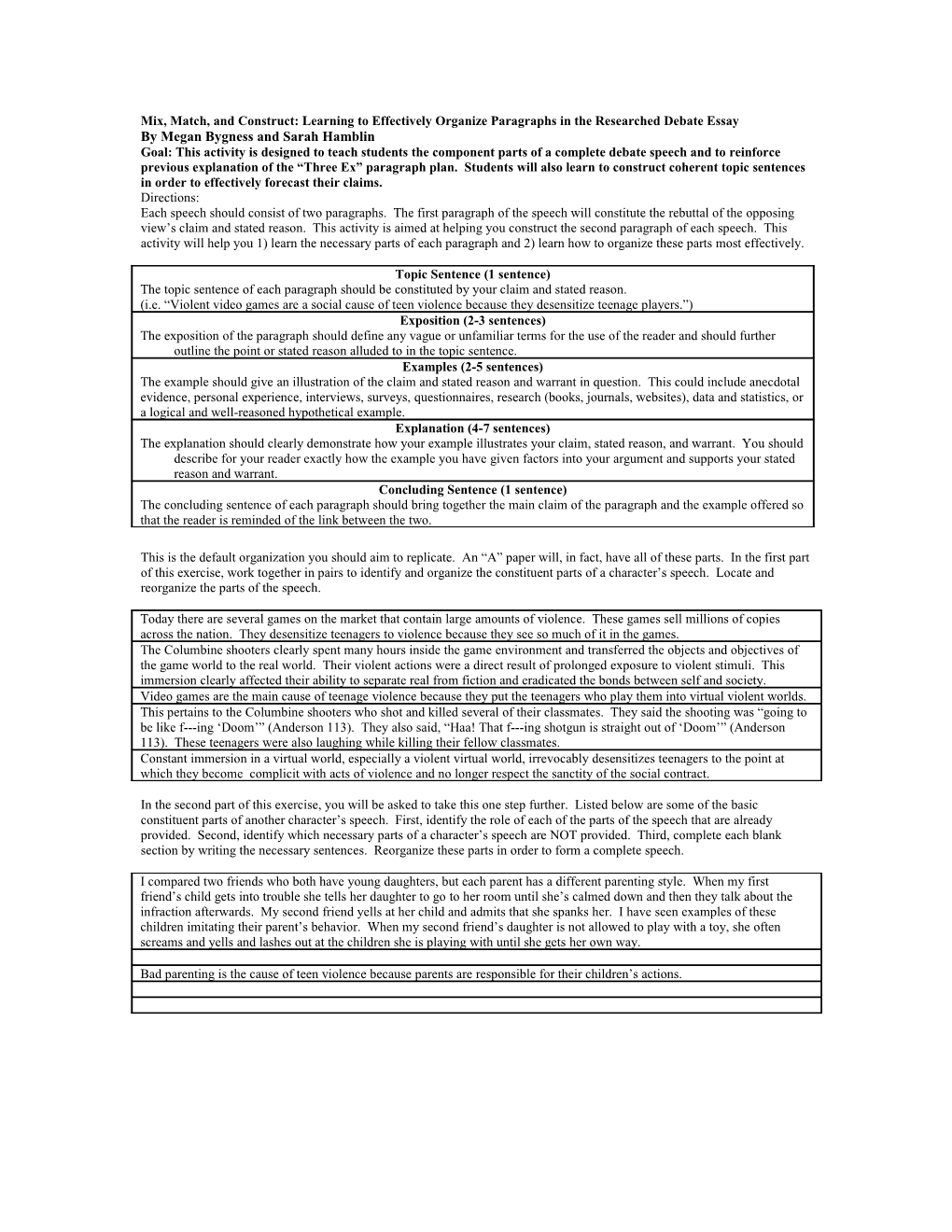 Researched Debate Essay Paragraph Organization (Hamblin/Bygness)