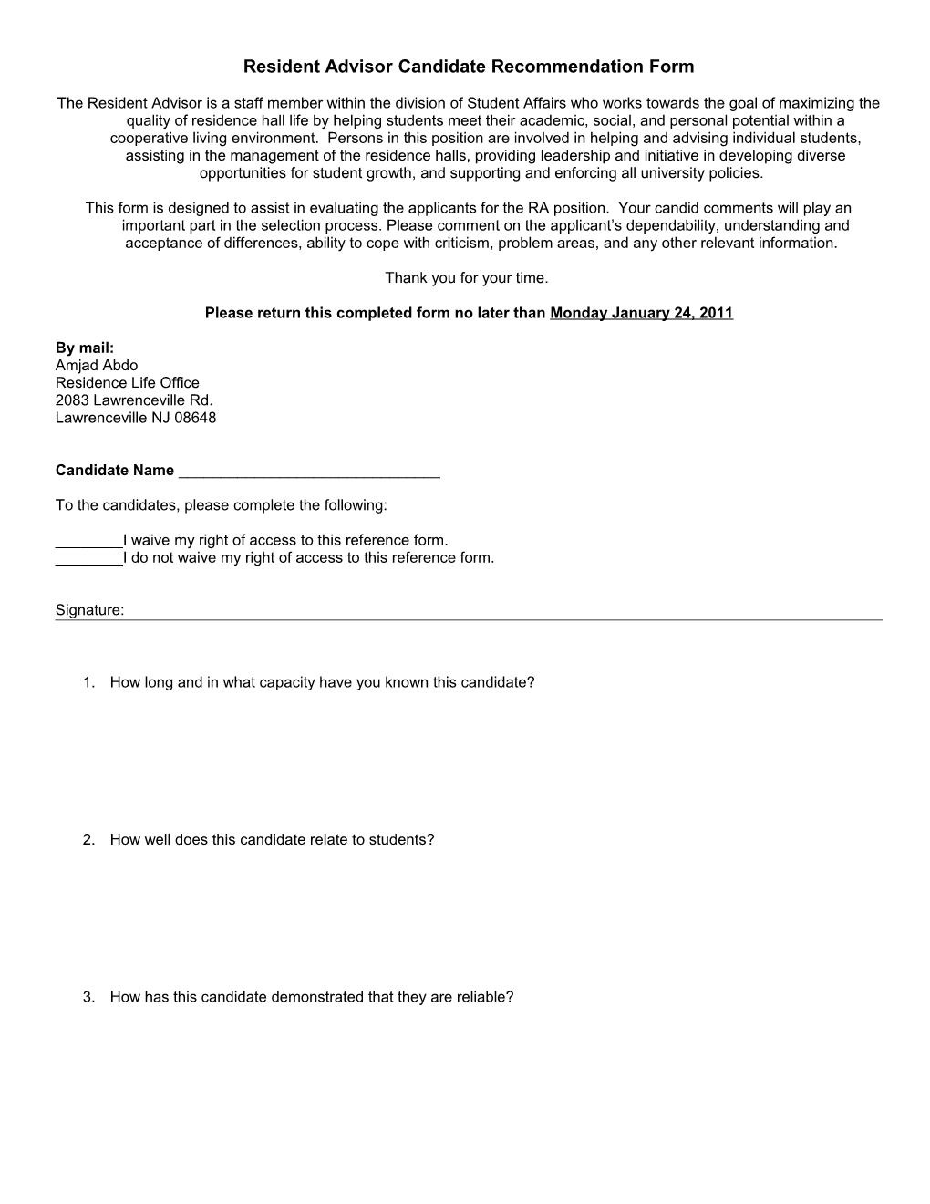 Resident Advisor Candidate Recommendation Form