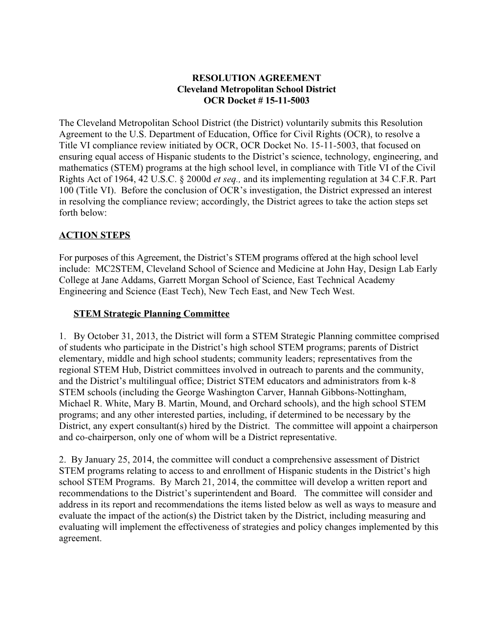 Resolution Agreement, Cleveland Metropolitan School District, Ohio: Compliance Review