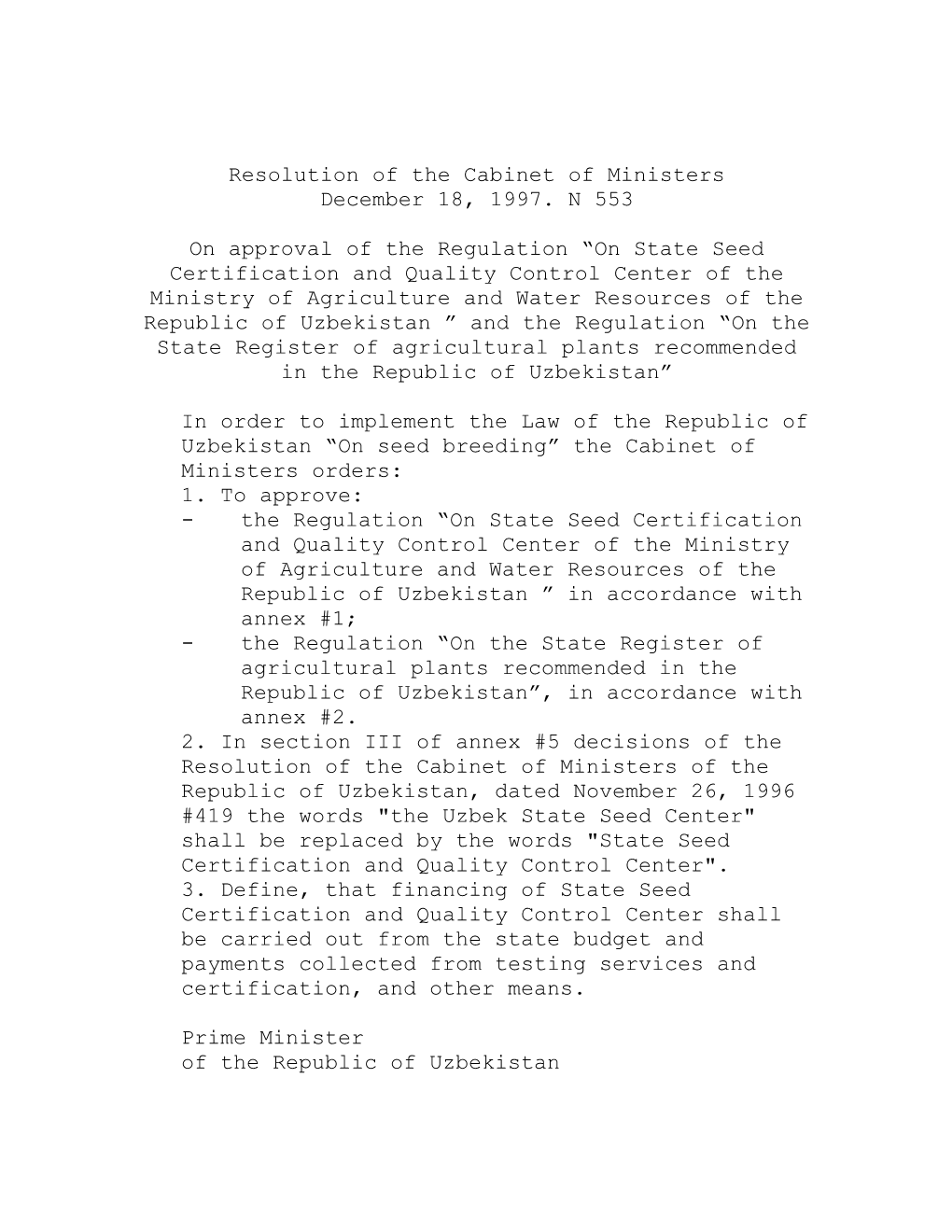 Resolution of the Cabinet of Ministers from December 18, 1997 553