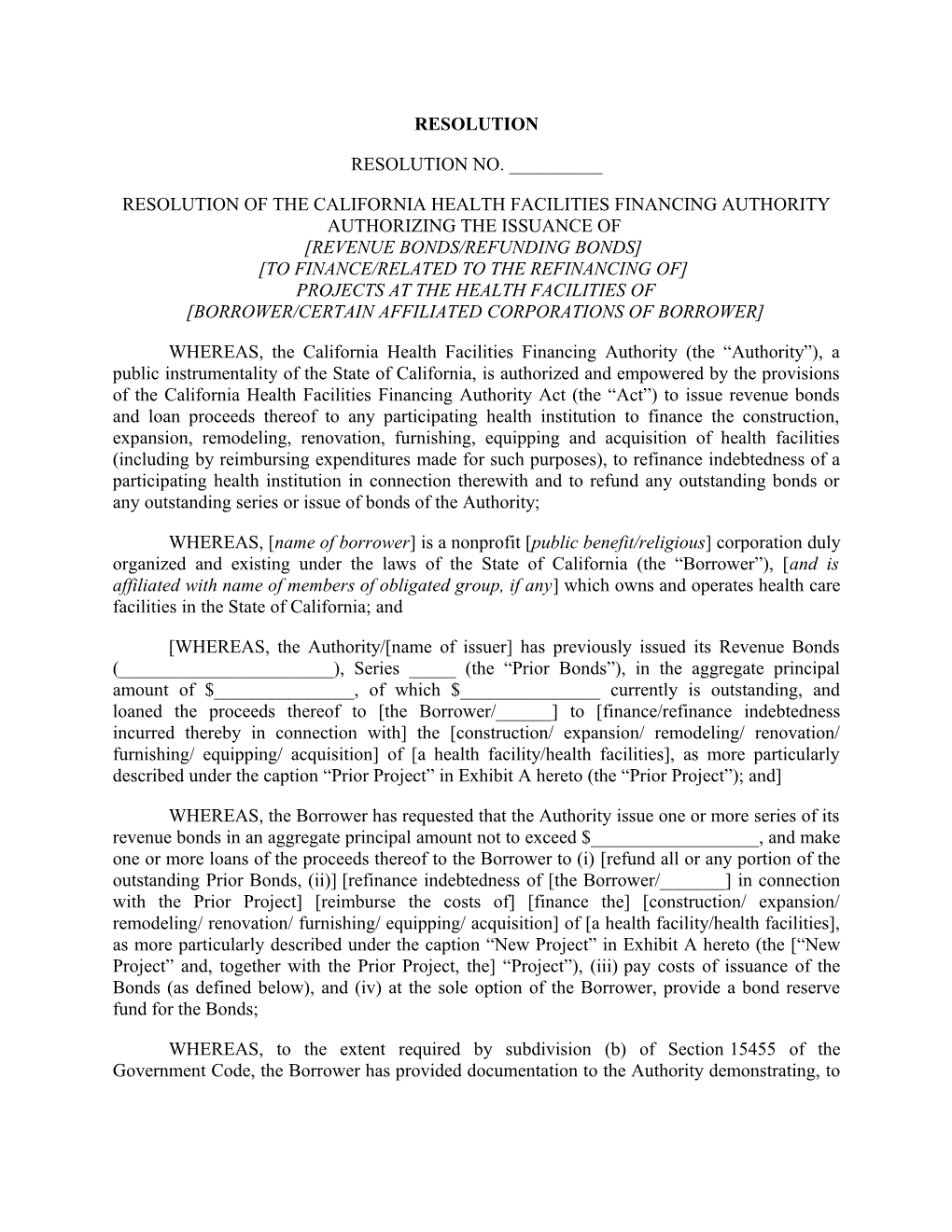 Resolution of the California Health Facilities Financing Authority Authorizing the Issuance