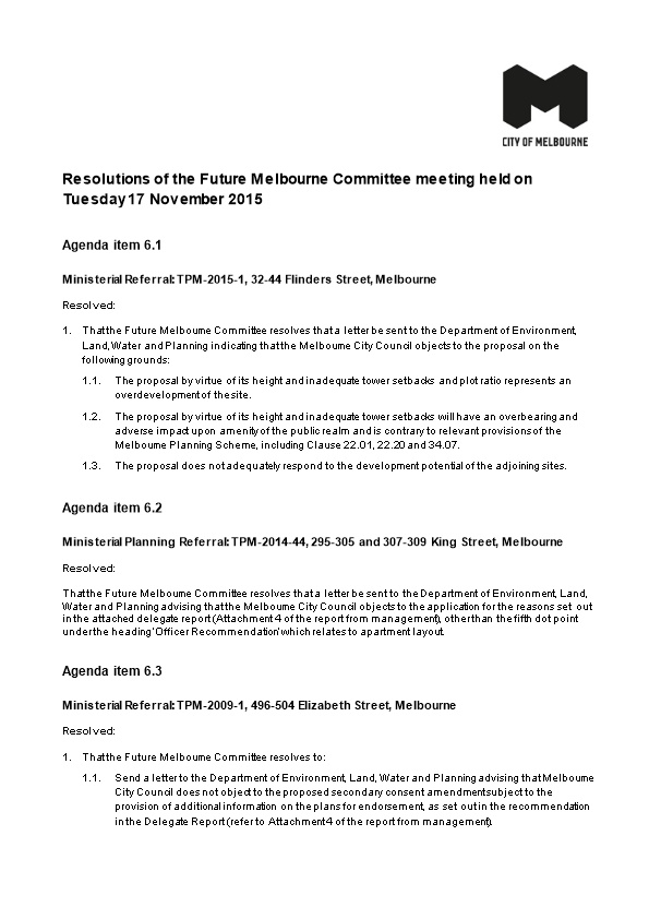 Resolutions of the Future Melbourne Committee Meeting Held on Tuesday 17 November 2015