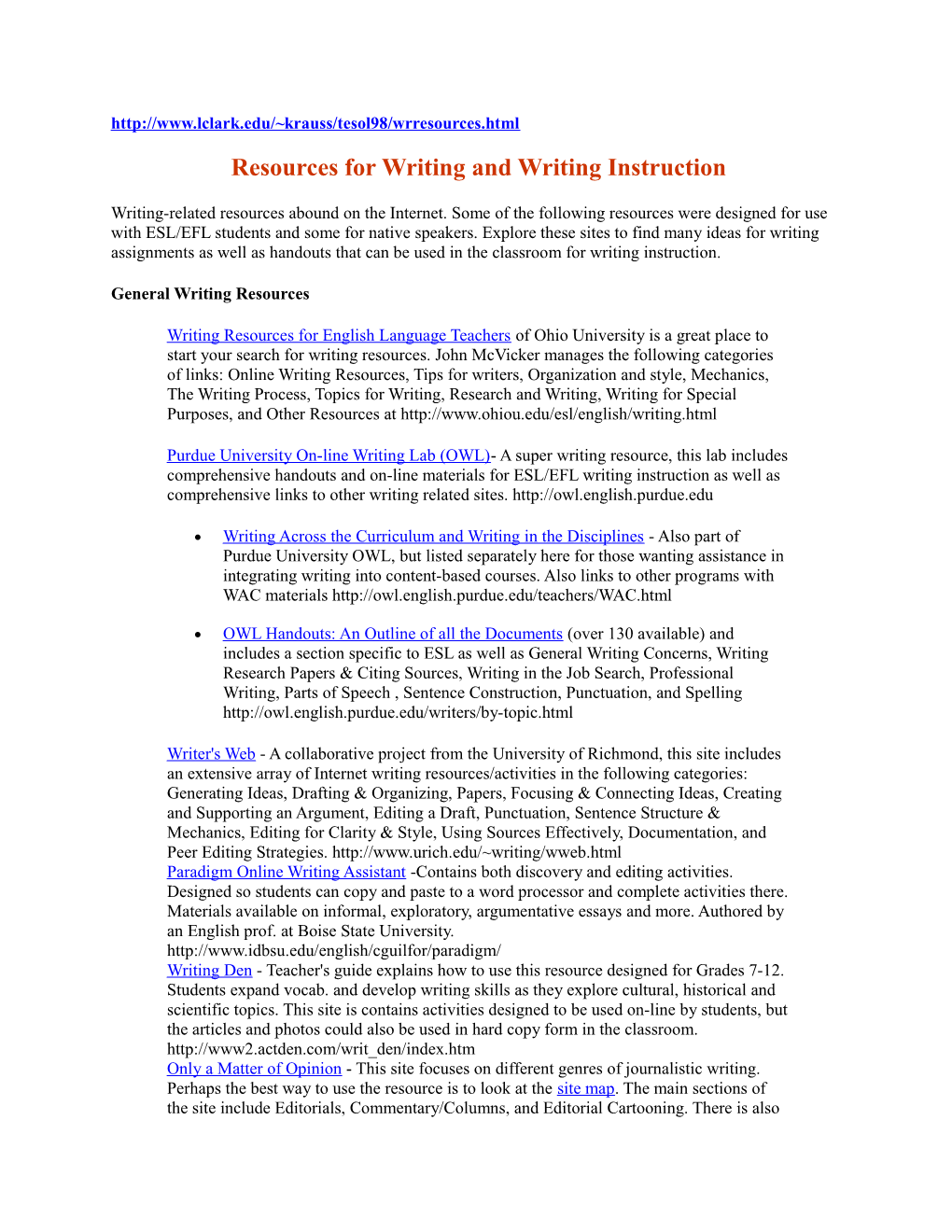 Resources for Writing and Writing Instruction