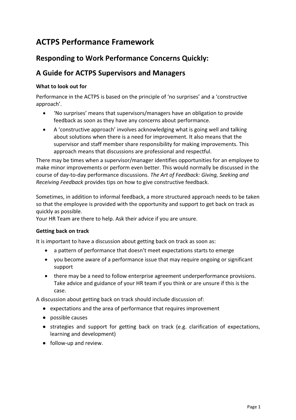 Responding to Work Performance Concerns Quickly: a Guide for ACTPS Supervisors and Managers