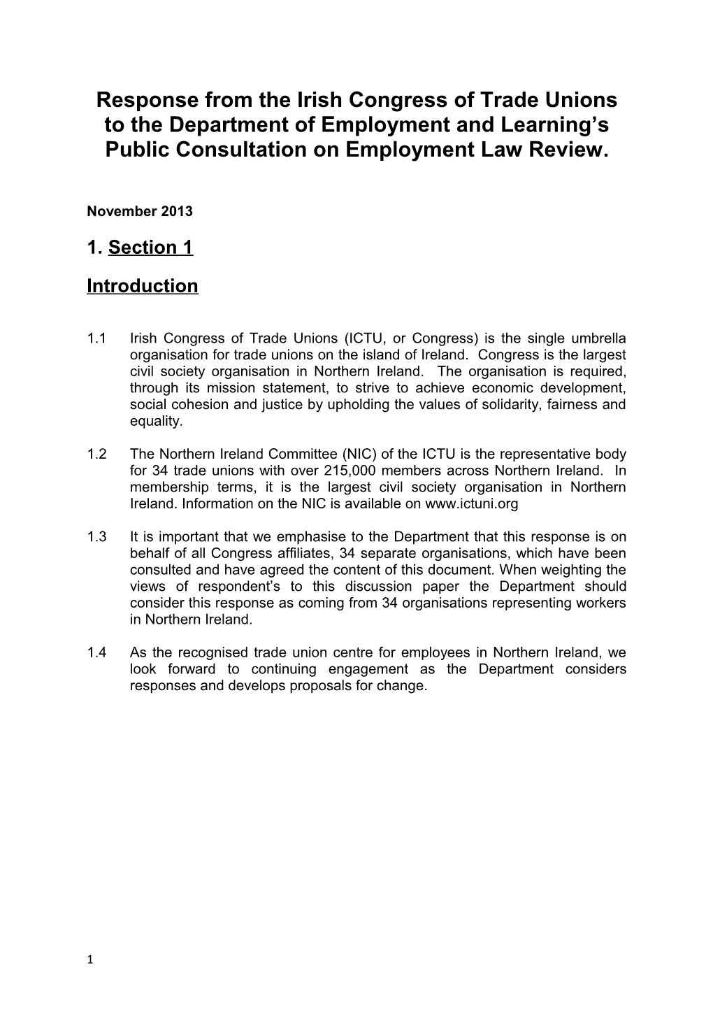 Response from the Irish Congress of Trade Unions to the Department of Employment and Learning