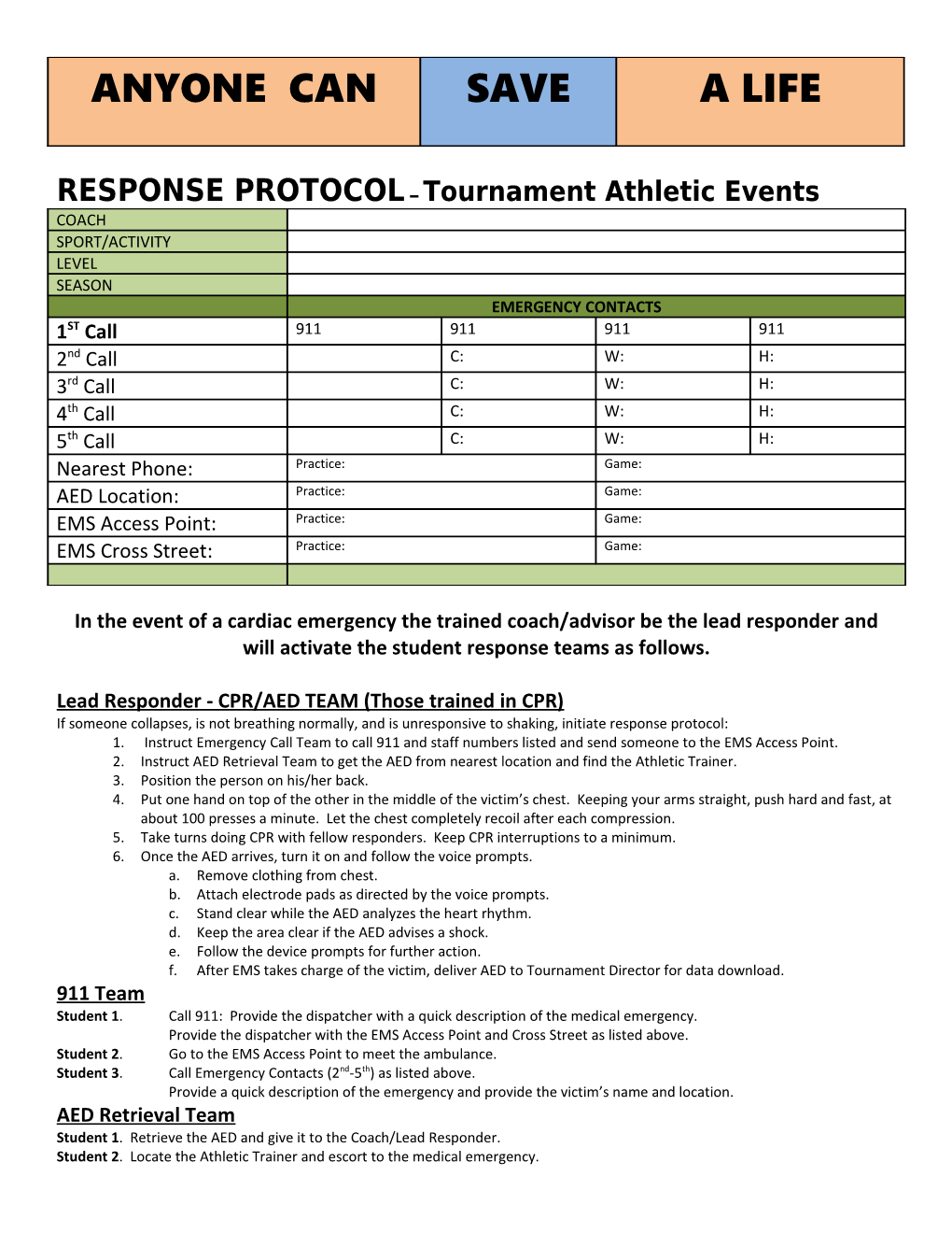 RESPONSE PROTOCOL Tournamentathletic Events