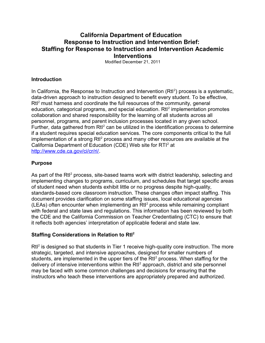 Response to Instruction & Intervention Brief - Multi-Tiered System of Supports (CA Dept