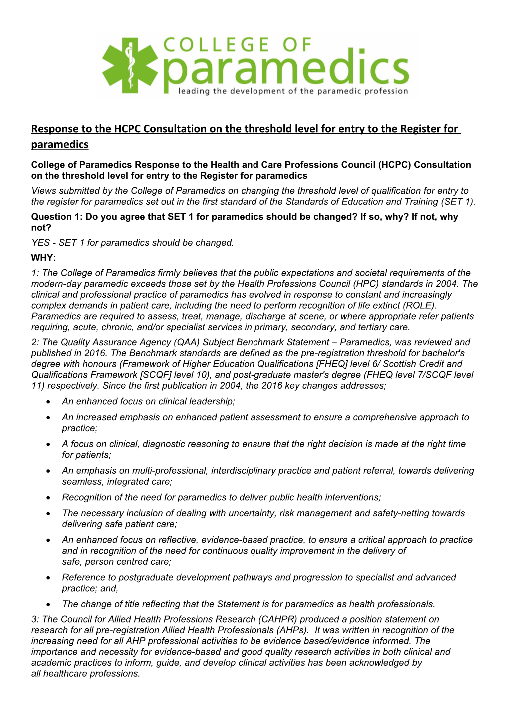 Response to the HCPC Consultation on the Threshold Level for Entry to the Register For