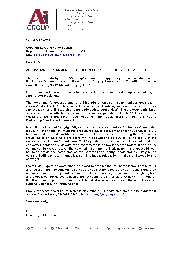 Response to the Proposed Reforms to the Copyright Act 1968 Australian Industry Group