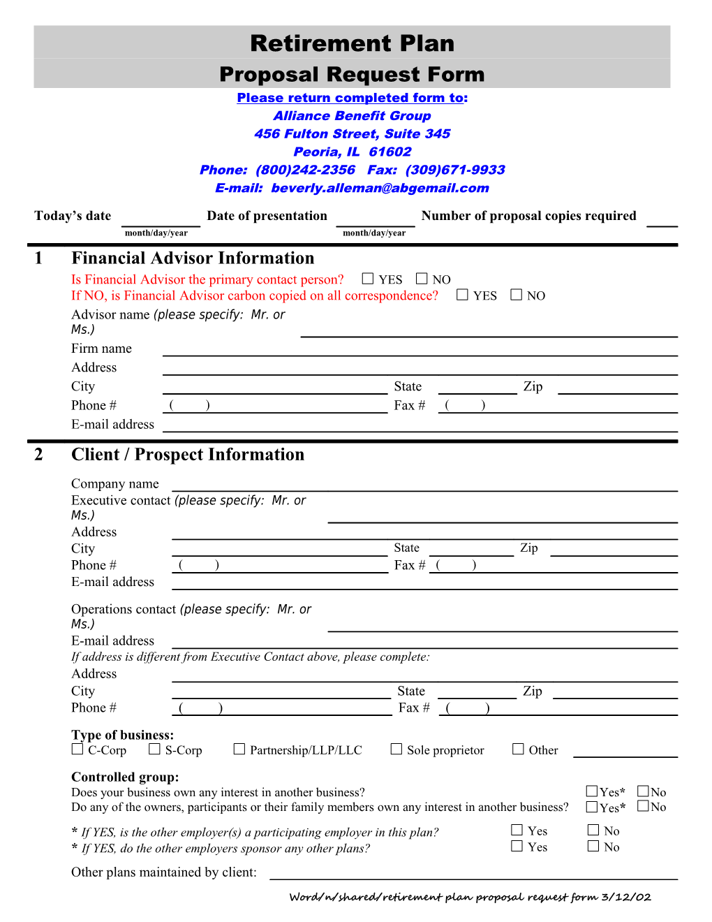 Retirement Plan Proposal Request Form