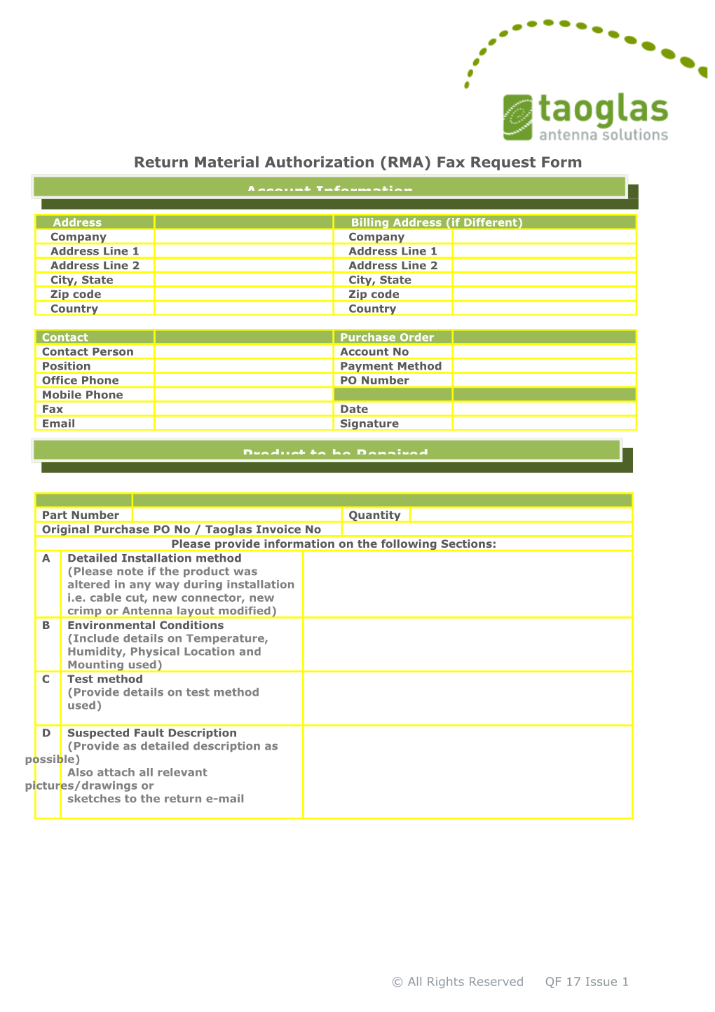 Return Material Authorization (RMA) Fax Request Form