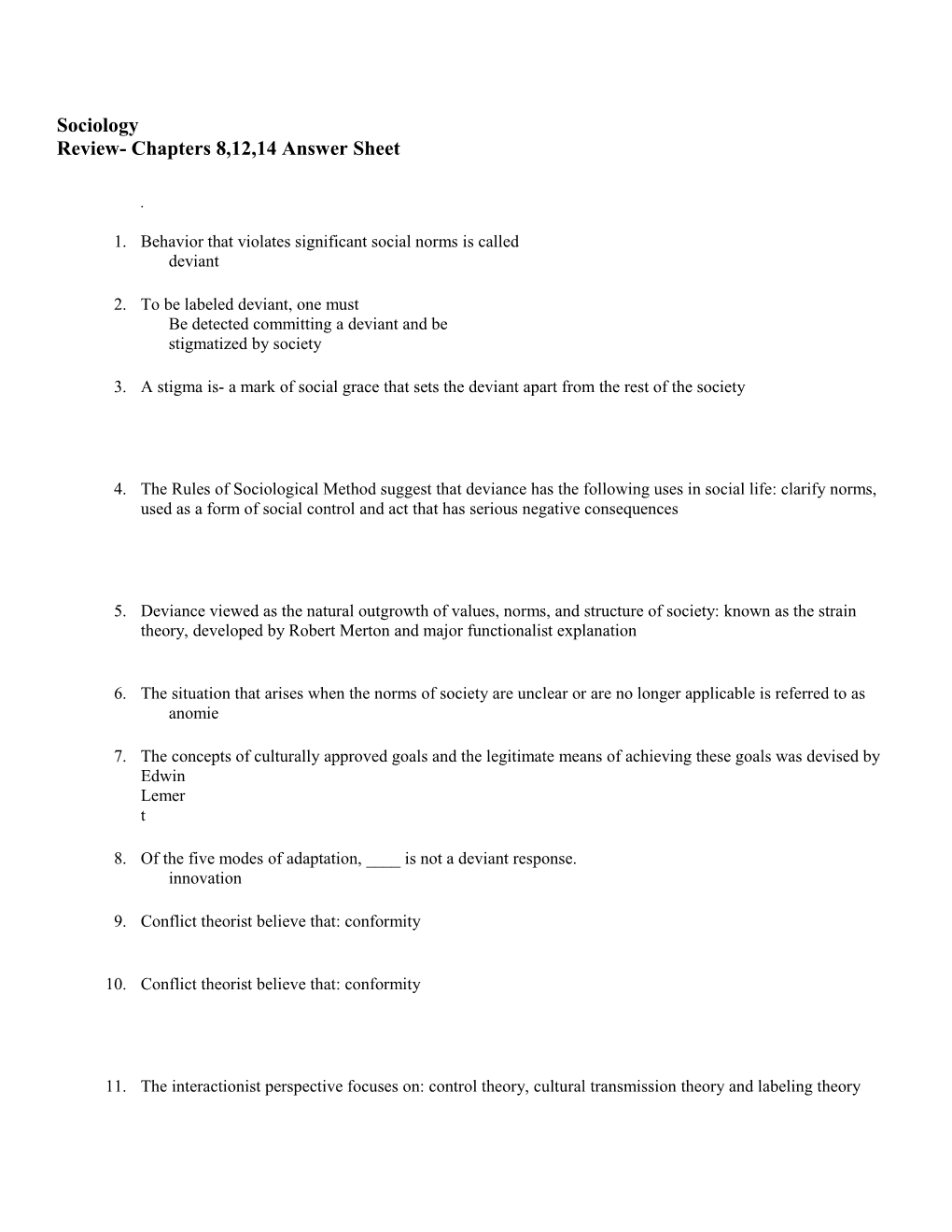 Review- Chapters 8,12,14 Answer Sheet