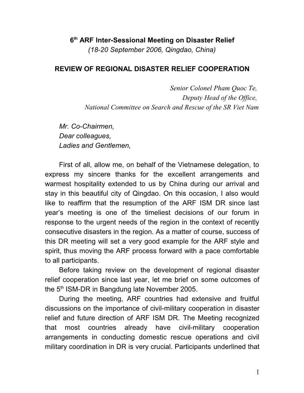 Review of Regional Disaster Relief Cooperation