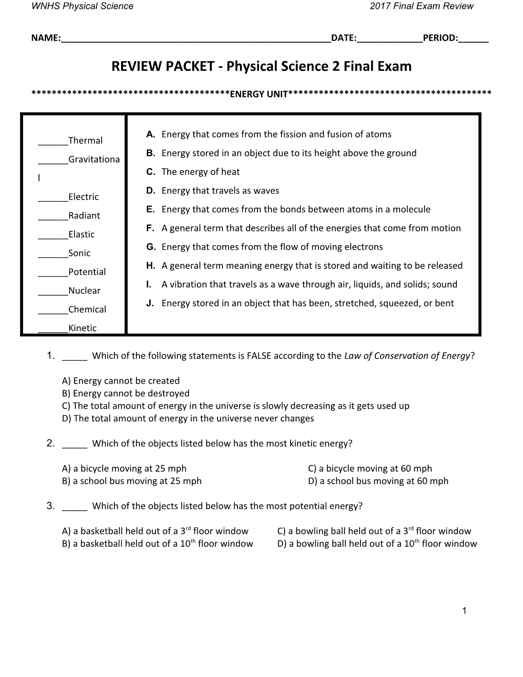 REVIEW PACKET - Physical Science 2 Final Exam