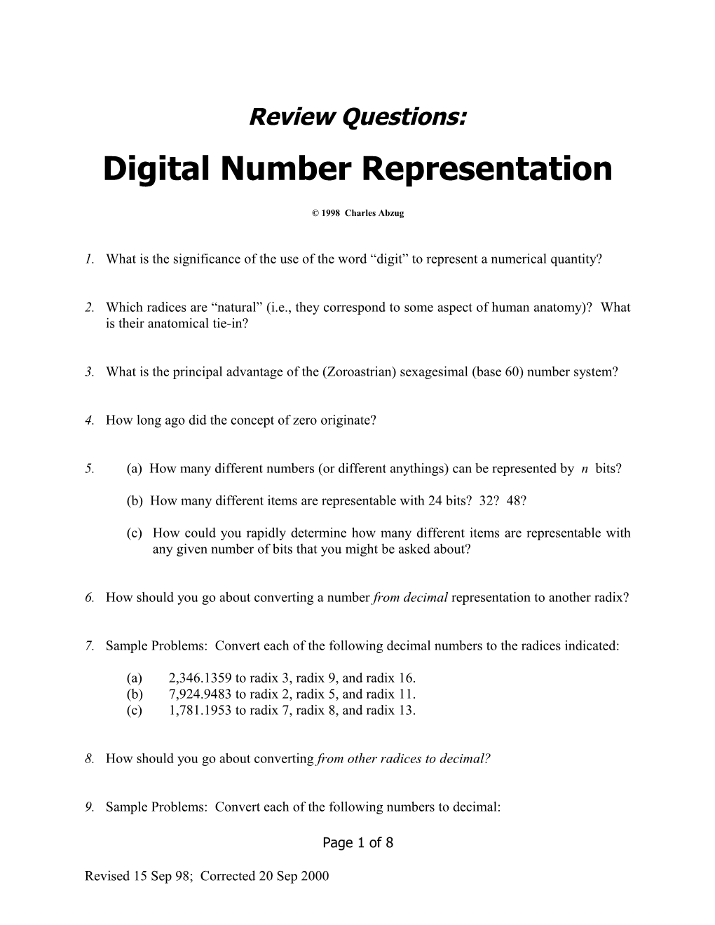 Review Questions: Digital Number Representation