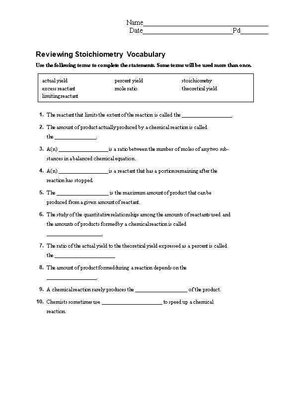 Reviewing Stoichiometry Vocabulary